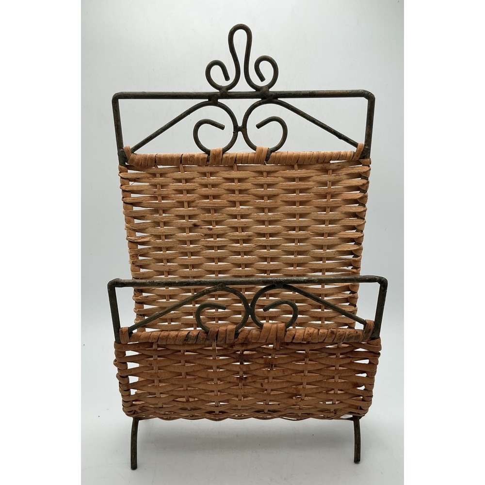 Vintage Wrought Iron Woven Wicker Napkin Letter Mail Holder Desk Organizer‎